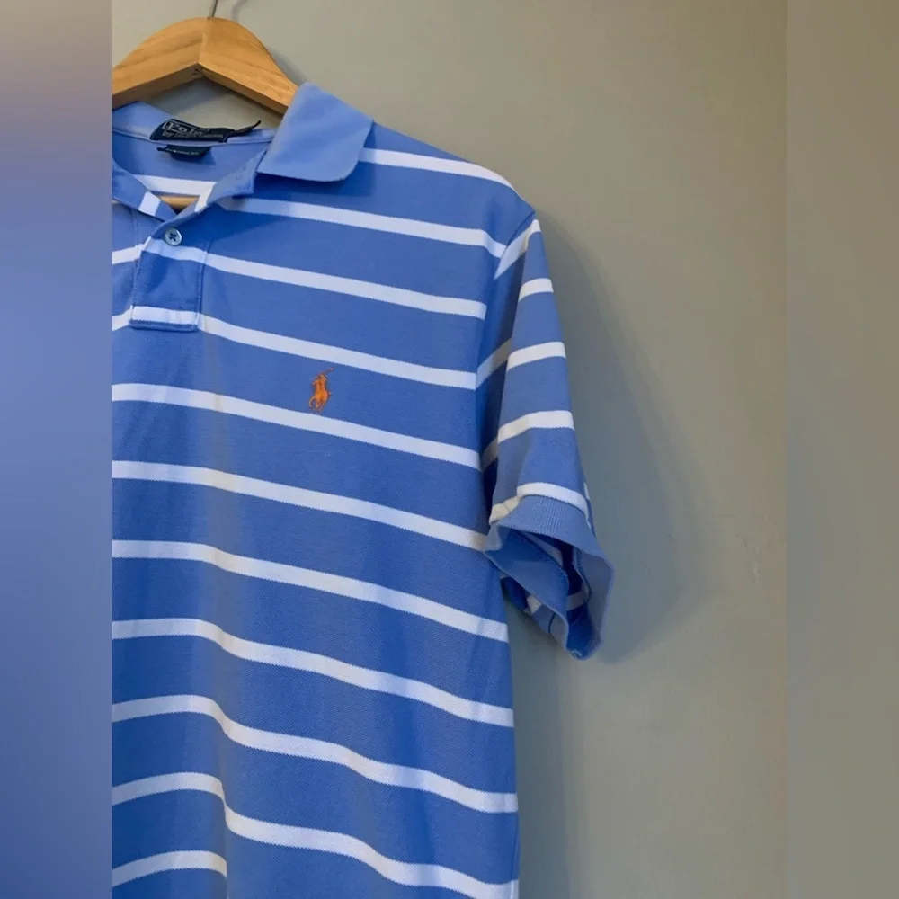 Vintage Polo Ralph Lauren Striped Polo Shirt XL Custom Fit 90’s Blue White